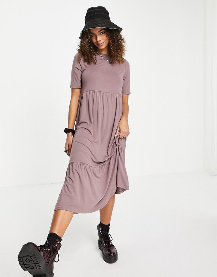 Asos Design Tiered Smock T-shirt Midi Dress In Mocha-brown