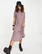 Asos Design Tiered Smock T-shirt Midi Dress In Mocha-brown