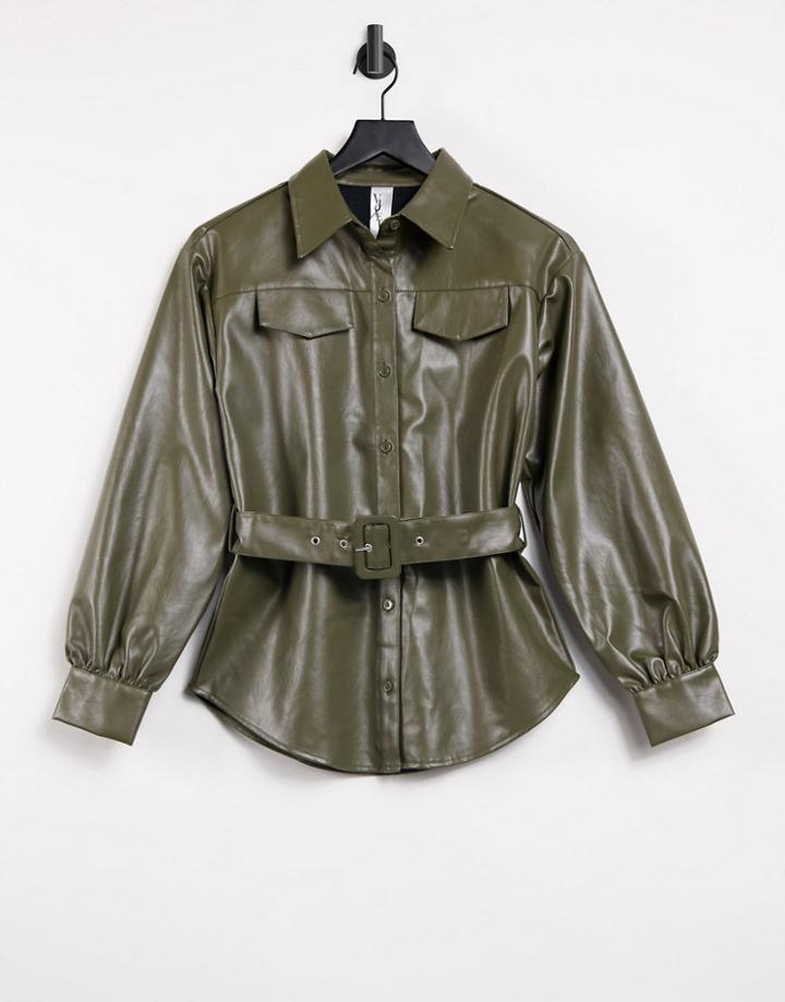 Violet Romance Belted Leather-look Shirt In Khaki-green