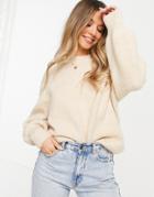 Asos Design Crew Neck Sweater In Rib With Fluffy Yarn In Oatmeal-neutral