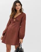 Asos Design Linen Mini Skater Dress With Faux Tortoiseshell Ring - Brown