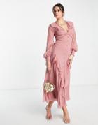 Asos Design Textured Button Through Long Sleeve Lace Trim Midi Tea Dress In Deep Rose-pink