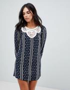 The English Factory Long Sleeve Dress With Crochet Trim - Navy