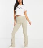 Topshop Petite Skinny Ribbed Flared Pants In Taupe-gray