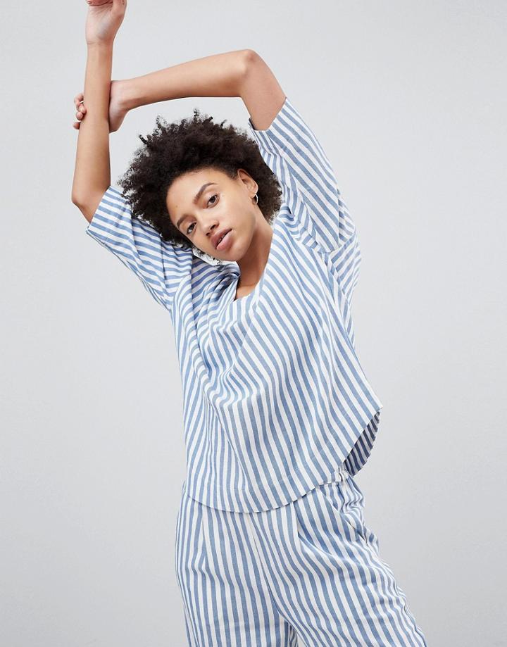 Moss Copenhagen Relaxed Button Front Shirt In Summer Stripe Two-piece - Blue