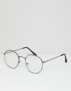 Asos Design Round Glasses In Gunmetal With Clear Lens - Gray
