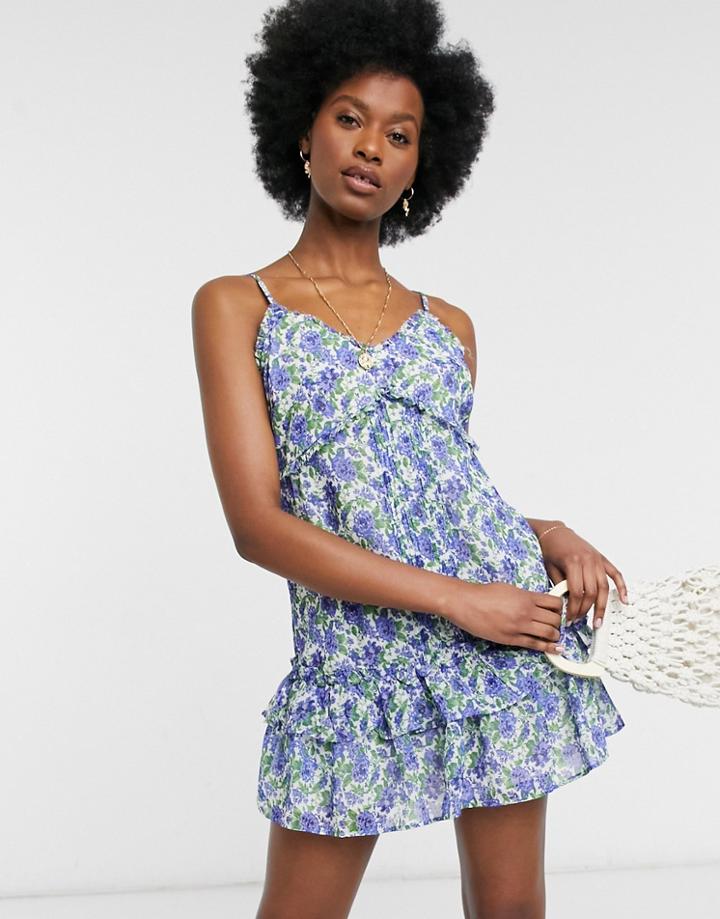 River Island Floral Mini Beach Dress In Blue-blues