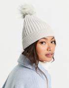 French Connection Ribbed Pom Pom Beanie In Gray-neutral