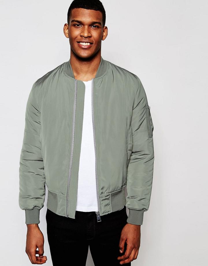 Asos Bomber Jacket With Ma1 Pocket In Light Khaki - Gray