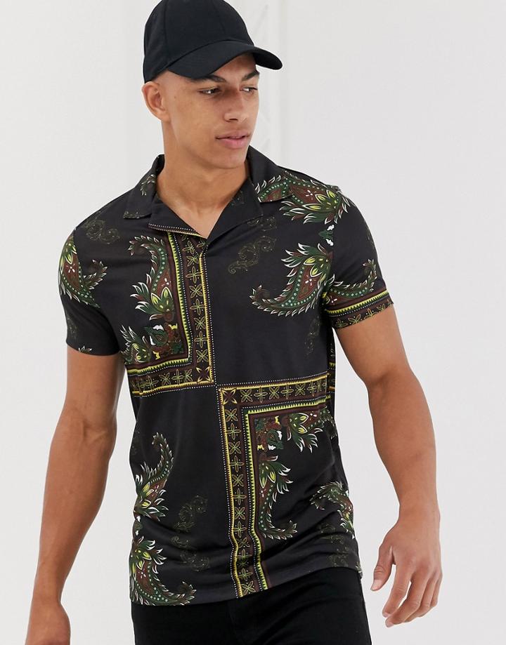 Asos Design Polo Shirt With Bandana Print And Revere Collar