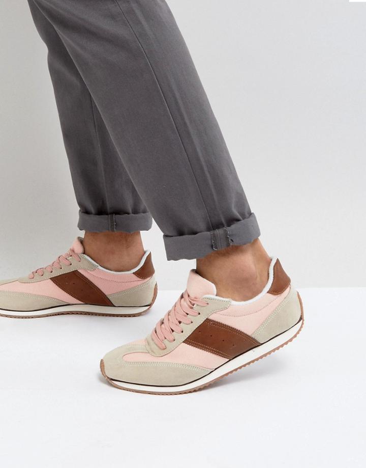 Asos Retro Sneakers In Pink Canvas And Stone Faux Suede - Pink