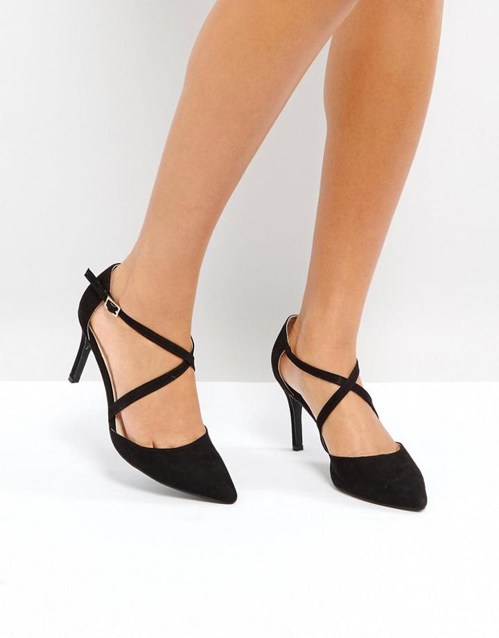 London Rebel Cross Over Mid Height Point High Heels - Black