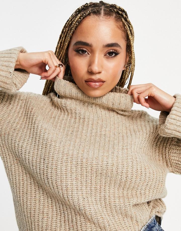 Na-kd Folded Sleeve High Neck Sweater In Beige-neutral