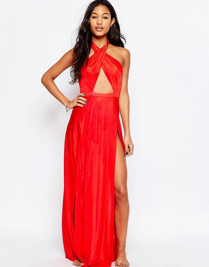 Asos Slinky Jersey Cross Wrap Maxi Beach Dress - Red