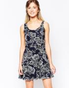 Wal G Skater Dress In Dark Floral Print - Navy