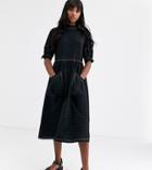 Asos Design Tall Textured Midi Smock Dress With Tie Sleeves-black