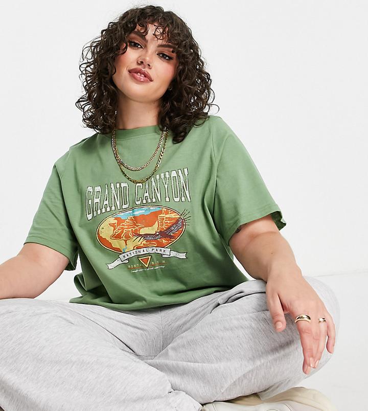 Daisy Street Plus Relaxed Vintage Style T-shirt With Grand Canyon Graphic-green