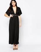 Twin Sister Maxi Dress With Kimono Sleeves And Gold Bar Belt - Black