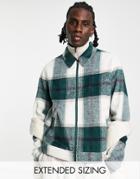 Asos Design Harrington Jacket In Wool Mix Green And Ecru Check