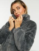 New Look Faux Fur Puffer In Dark Gray-grey