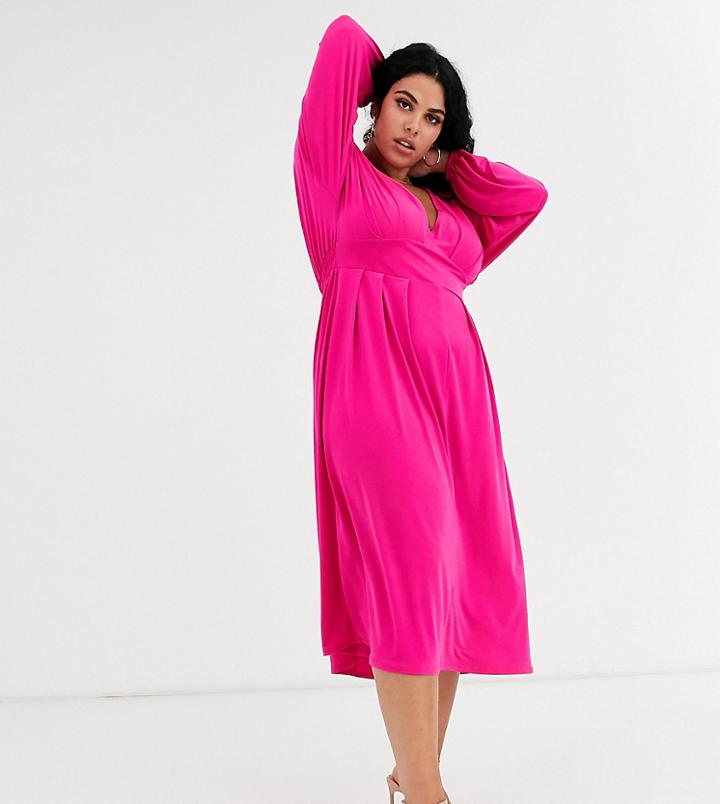 Asos Design Curve Long Sleeve V Neck Midi Dress - Pink