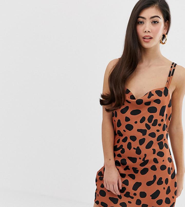 Asos Design Petite High Shine Satin Mini Dress In Abstract Animal Spot - Multi