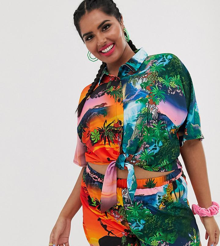 Disney The Lion King X Asos Design Curve Cropped Shirt Two-piece In Sunset Print-multi