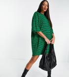 Asos Design Tall Oversized Mini Ribbed T-shirt Dress In Bright Green And Black Stripe