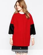 Helene Berman Kimono Coat In Red With Black Faux Fur Sleeve