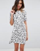 Asos Lace Up Front Skater Dress In Mono Print - Multi