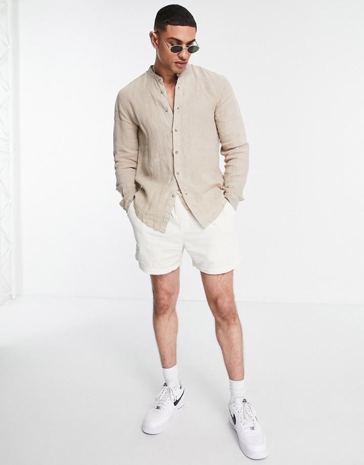 Pull & Bear Linen Shirt With Grandad Collar In Tan-brown