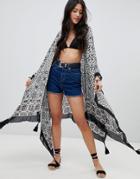 Asos Design Mono Tile Print Kimono Cape With Tassels - Multi