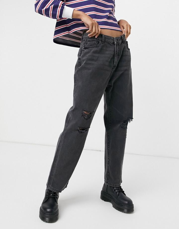 Noisy May Brooke Dad Jeans With Rips In Washed Black Denim