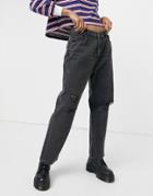 Noisy May Brooke Dad Jeans With Rips In Washed Black Denim