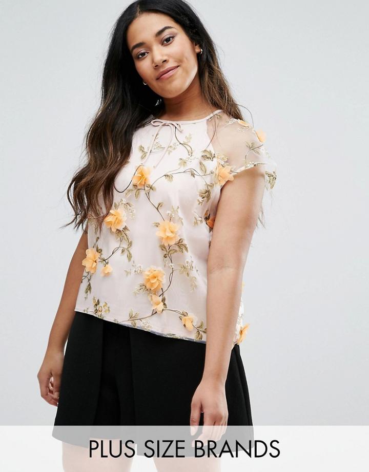Elvi Plus Top With Floral Applique - Pink