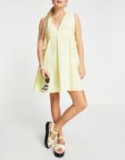 Asos Design Cotton Poplin Plunge Mini Sundress With Ruched Waist In Yellow