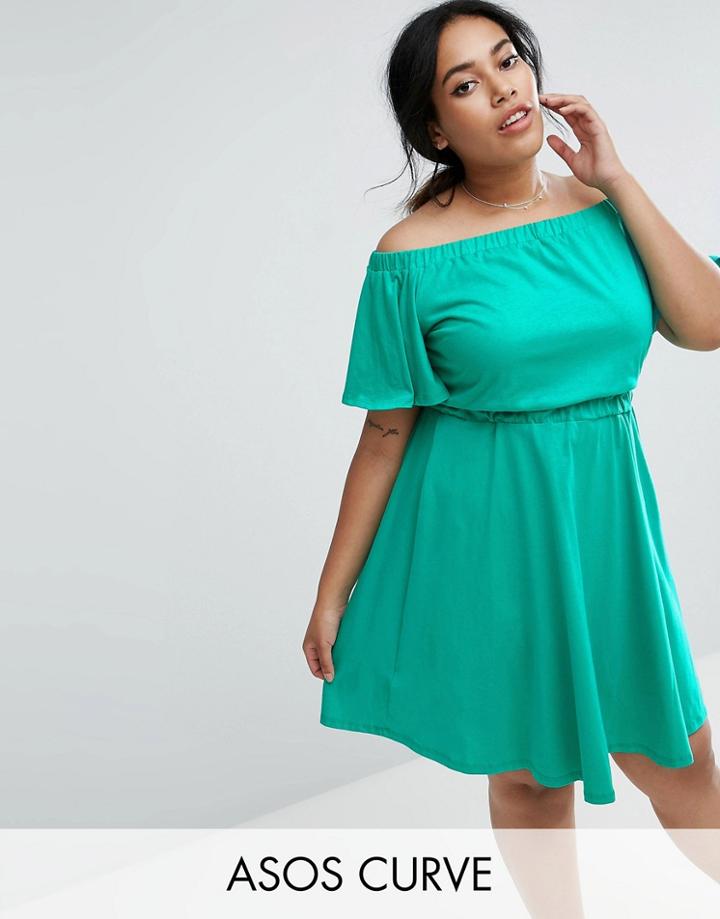 Asos Curve Off Shoulder Skater Dress - Green
