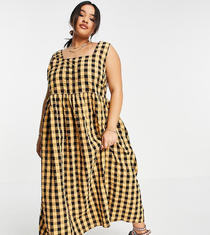 Collusion Plus Seersucker Gingham Midi Length Pinafore Sundress In Orange & Black-multi