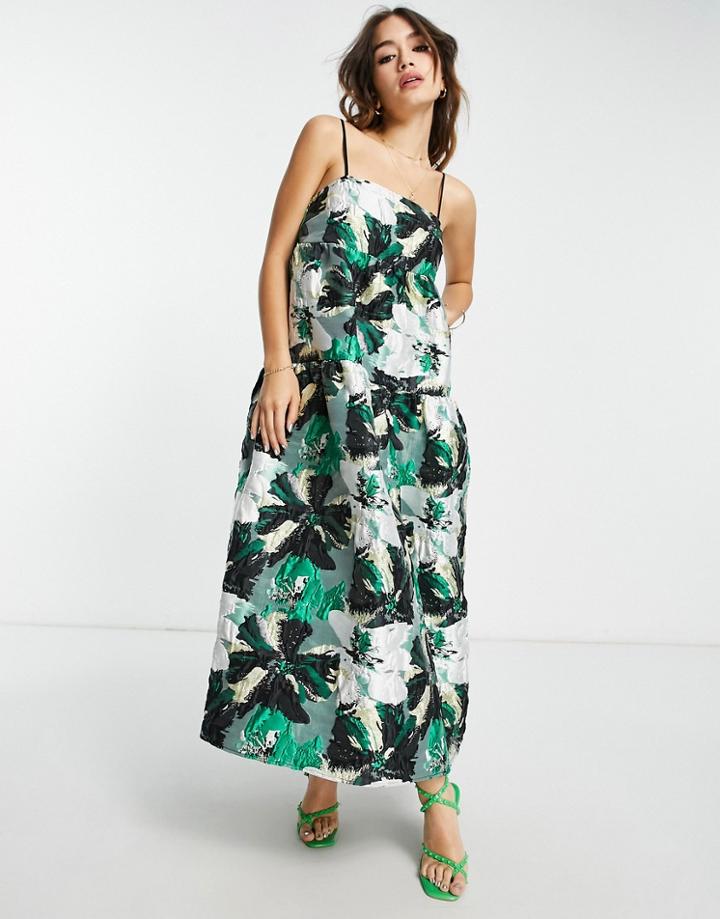 Asos Edition Tiered Cami Midi Dress In Abstract Floral Jacquard-multi