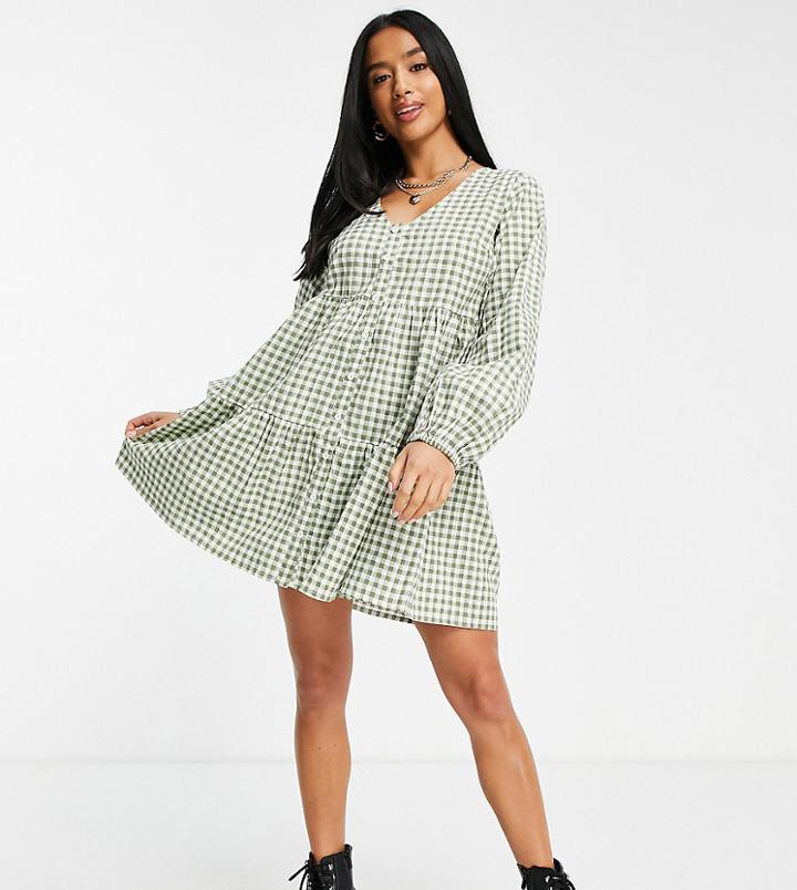 Influence Petite Long Sleeve Mini Gingham Button Dress In Green