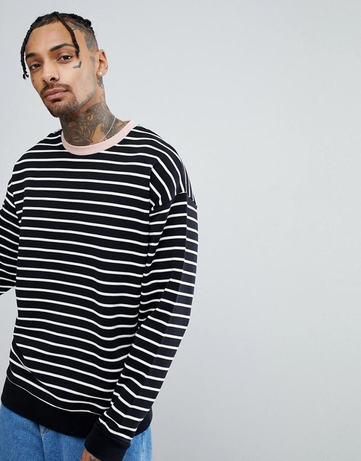 Asos Striped Oversized Sweatshirt In Black & White With Contrast Ringer - Black