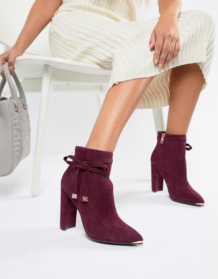 Ted Baker Burgundy Suede Heeled Ankle Boots With Bow - Red