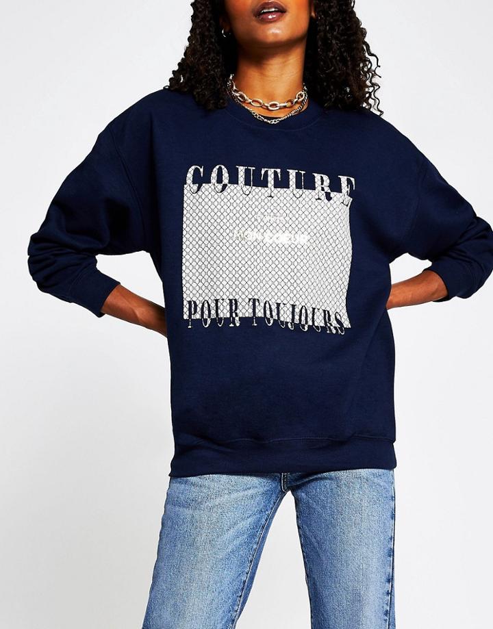 River Island Couture Monogram Sweatshirt In Navy
