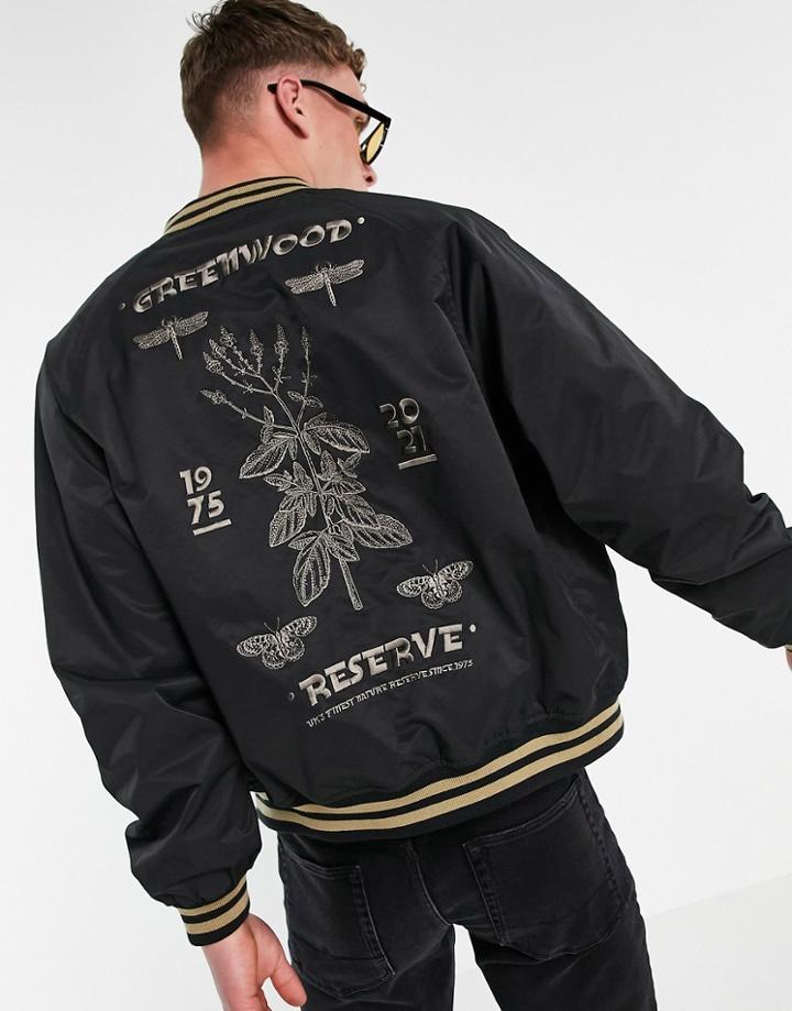 Asos Design Oversized Bomber Jacket In Black With Gold Back Placement Embroidery