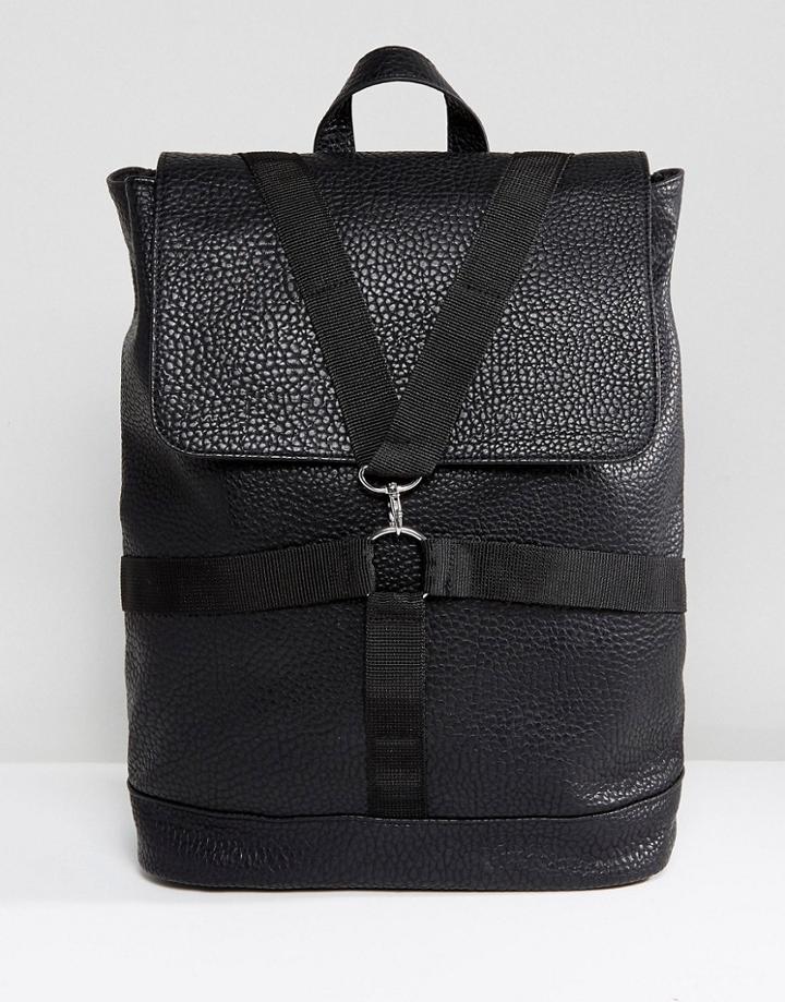 Asos Backpack In Black Faux Leather With Strap Detail - Black