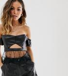 Ebonie N Ivory Cut Out Front Crop Top In Faux Leather With Lace Hem Two-piece