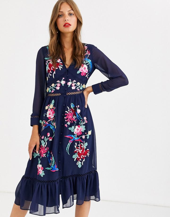 Asos Design Embroidered Skater Midi Dress With Lace Trims And Pephem-navy