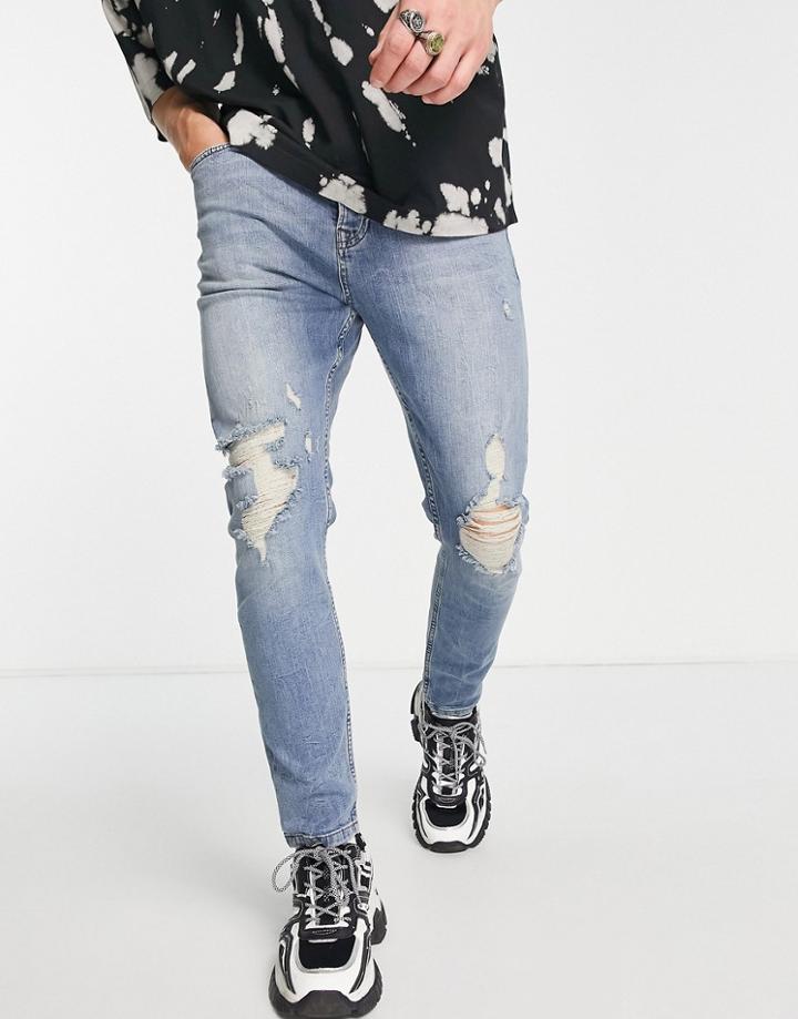 Topman Extreme Rip Stretch Taper Jeans In Light Wash-blue