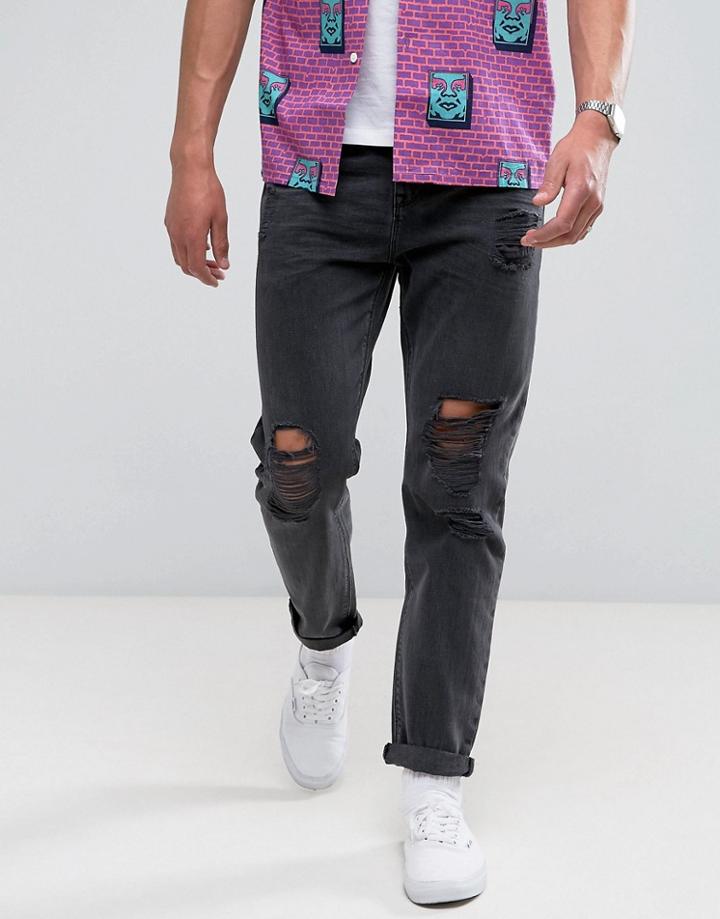 Asos Tapered Jeans In Washed Black With Heavy Rips - Black