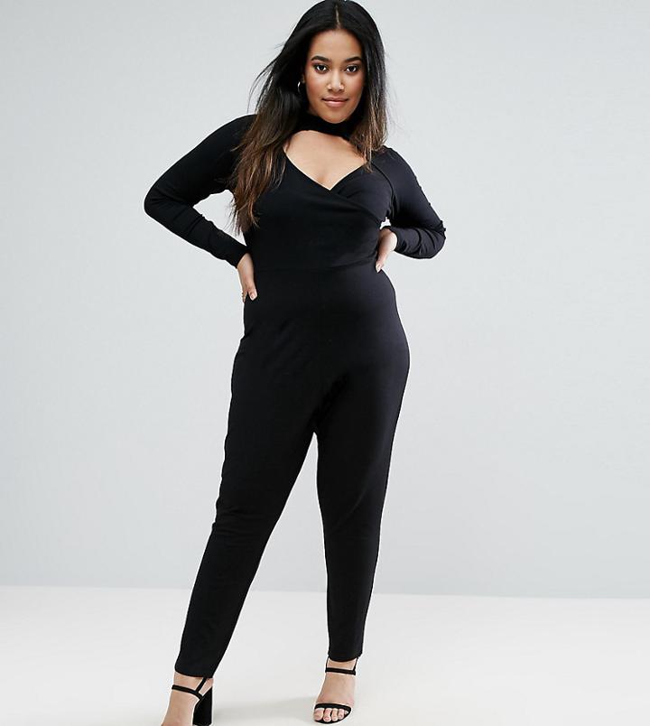 Asos Curve Long Sleeve Wrap Jumpsuit With Choker Detail - Black